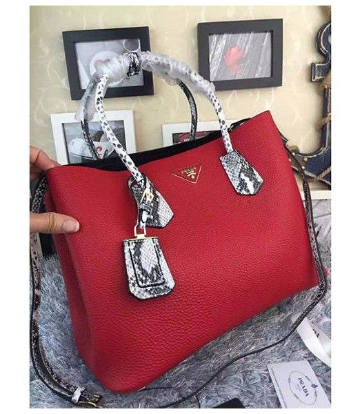 Prada Saffiano Cuir Snake Veins With Red Cow Leather Tote Bag
