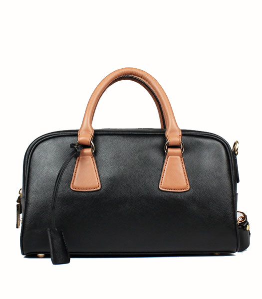 Prada Saffiano Medium BlackApricot Calfskin Leather Tote Handbag 