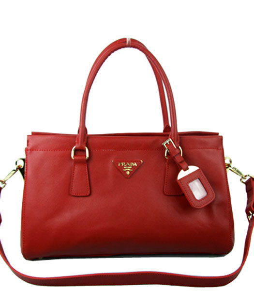 Prada Saffiano Medium Ostrich Leather Tote Handbag Red