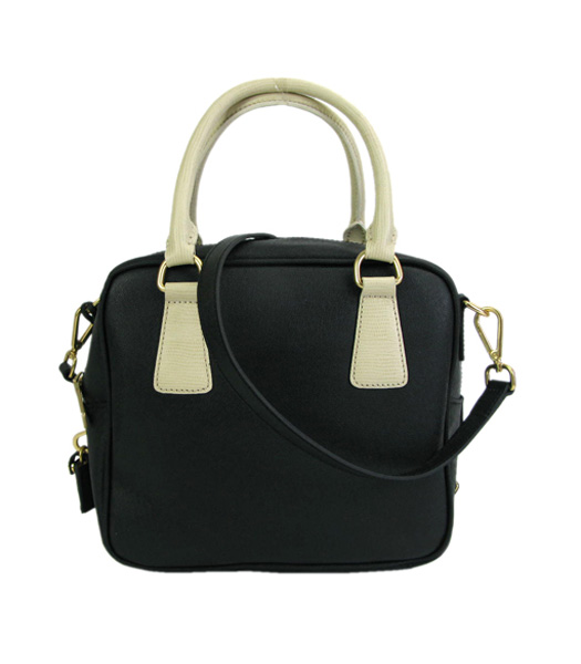 Prada Saffiano Small Black Calfskin Leather with Offwhite Handle Tote Handbag