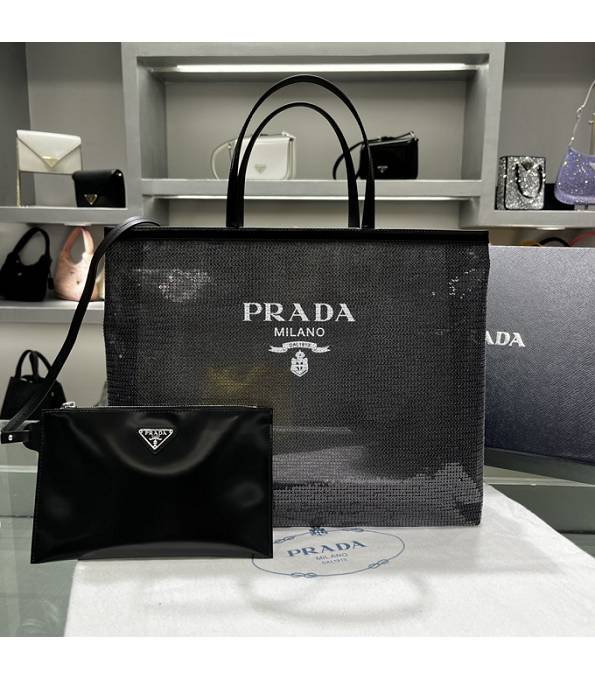 Prada Sequined Mesh With Original Leather Medium Tote Bag Black