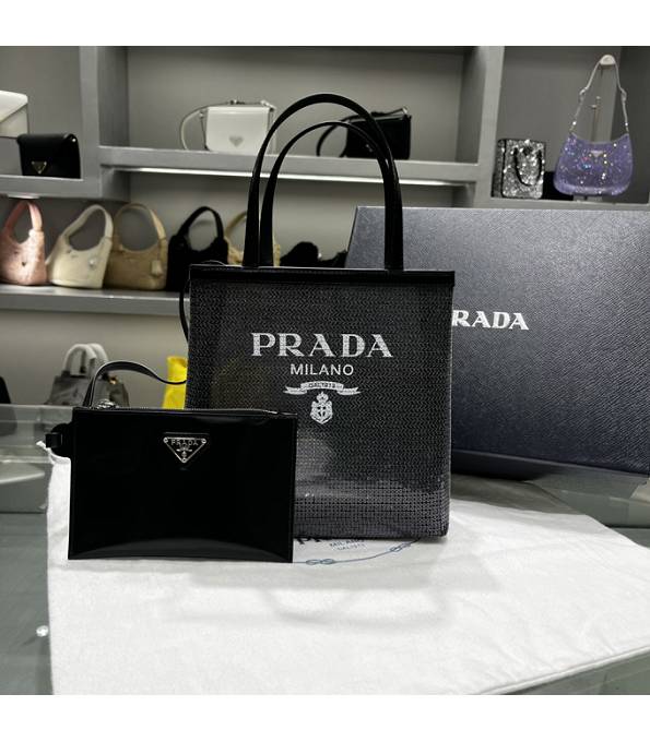 Prada Sequined Mesh With Original Leather Small Tote Bag Black