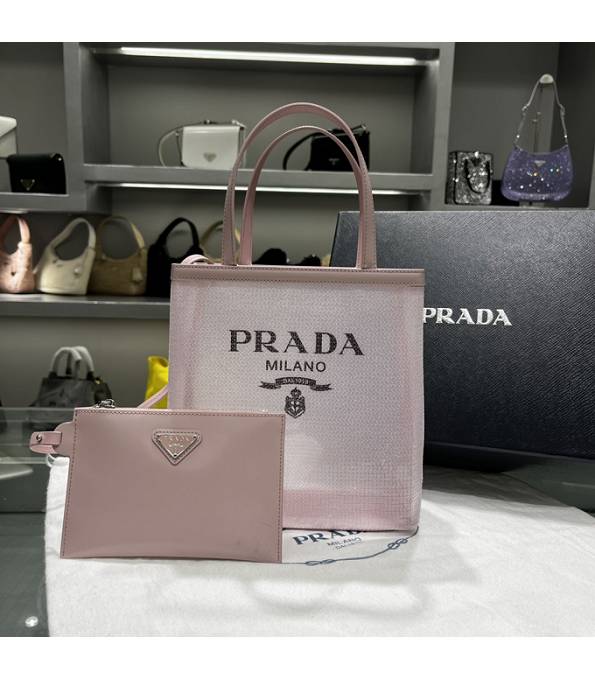Prada Sequined Mesh With Original Leather Small Tote Bag Pink