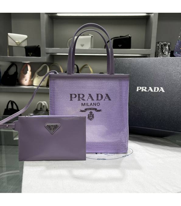 Prada Sequined Mesh With Original Leather Small Tote Bag Purple