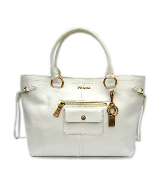 Prada Shiny Shopping Tote Large Bag in White Calfskin