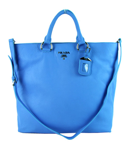 Prada Shopper PM Bag In Blue Calfskin Leather