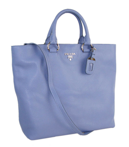 Prada Shopper PM Bag In Grey Blue Calfskin Leather