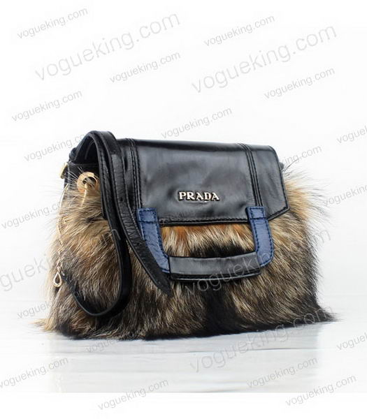 Prada Shoulder Bag Black Oil Wax Leather With Racoon Dog Fur-1