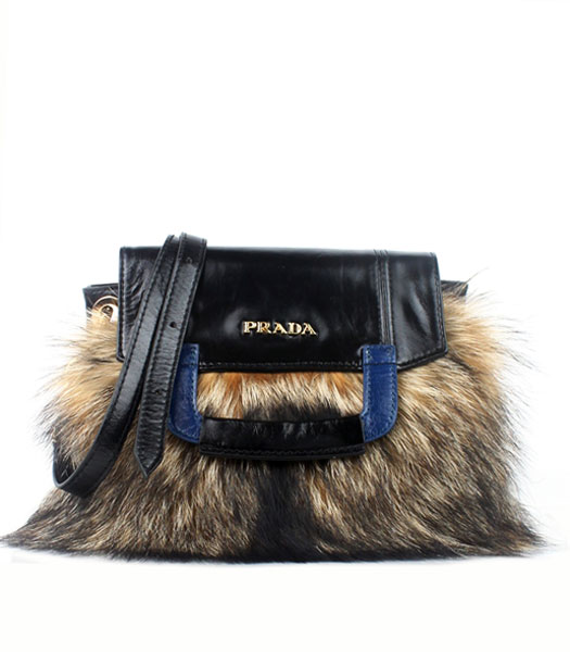 Prada Shoulder Bag Black Oil Wax Leather With Racoon Dog Fur