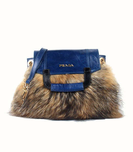 Prada Shoulder Bag Blue Oil Wax Leather With Racoon Dog Fur