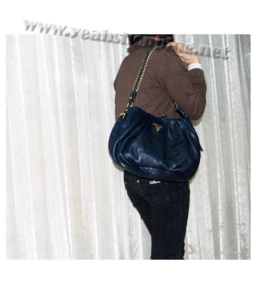 Prada Shoulder Bag Blue Oil Wax Milled Golden Chain-7
