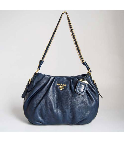 Prada Shoulder Bag Blue Oil Wax Milled Golden Chain