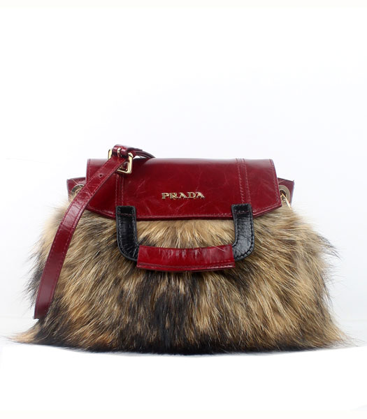 Prada Shoulder Bag Wine Red Oil Wax Leather With Racoon Dog Fur
