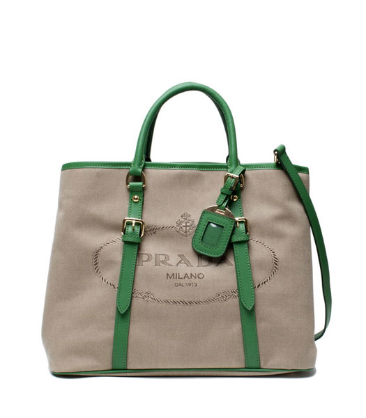 Prada Tessuto Apricot Canvas With Green Leather Shopping Tote