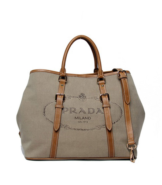 Prada Tessuto Apricot Canvas With Light Coffee Leather Shopping Tote