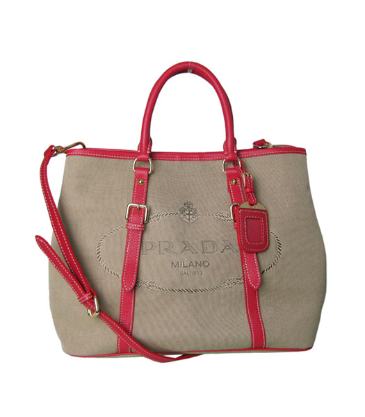 Prada Tessuto Apricot Canvas With Red Leather Shopping Tote