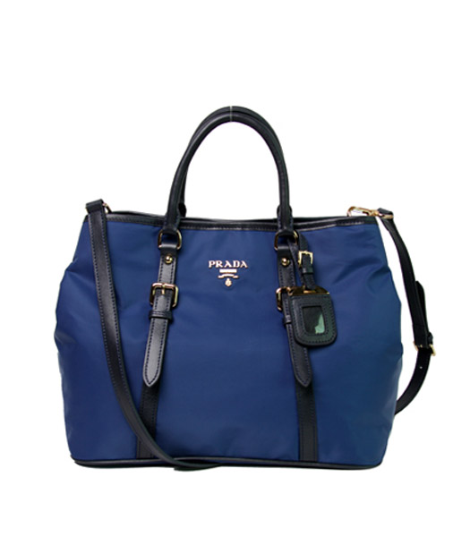 Prada Tessuto Blue Waterproof With Blue Leather Shopping Tote