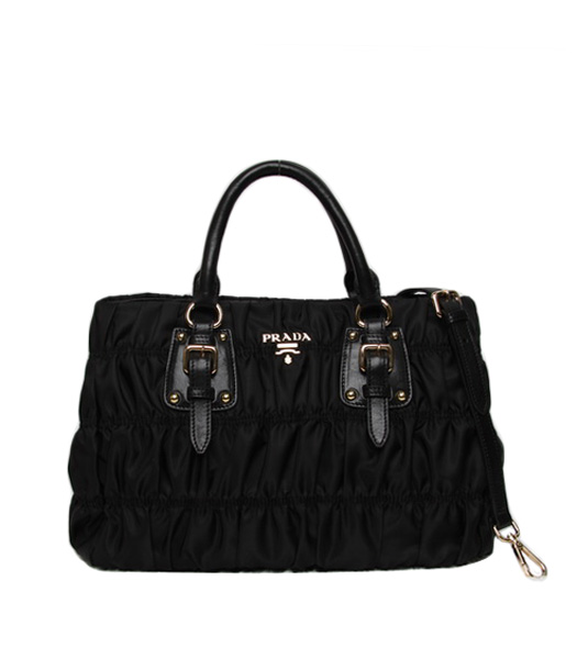 Prada Tessuto Gaufre Fabric with Black Lambskin Leather Tote Bag