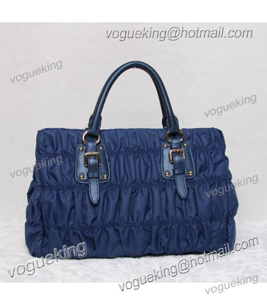 Prada Tessuto Gaufre Fabric with Middle Blue Lambskin Leather Tote Bag-2