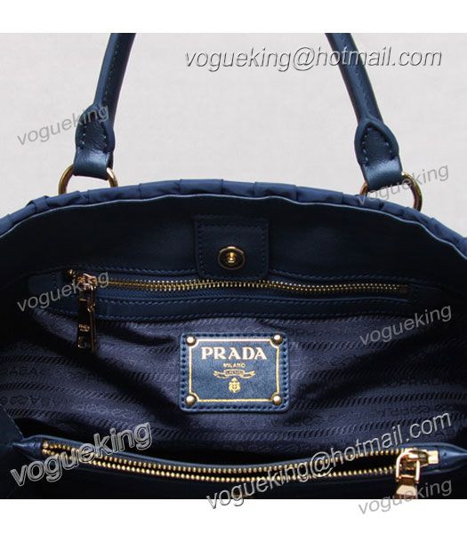 Prada Tessuto Gaufre Fabric with Middle Blue Lambskin Leather Tote Bag-5