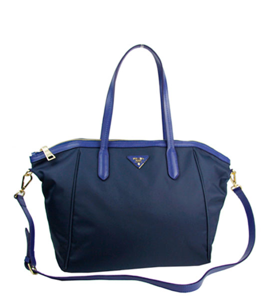 Prada Tessuto Saffian Blue Nylon With Calfskin Leather Shopping Bag