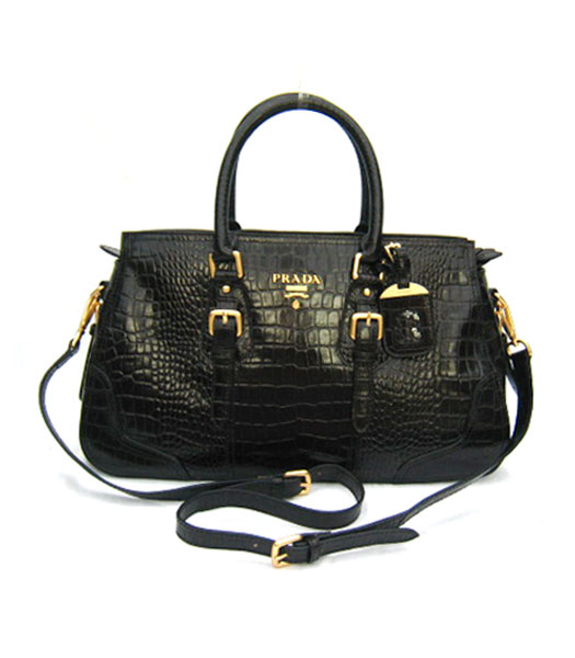 Prada Tessuto Saffiano Bowler Handbag Black Croc Veins_BN1181
