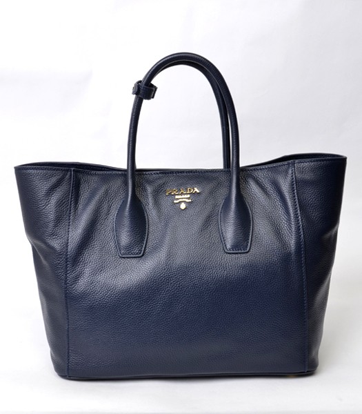 Prada Vitello Daino Dark Blue Original Leather Shopping Tote Bag