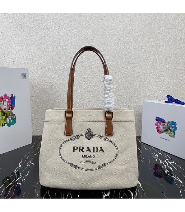 Prada White Original Linen Blend With Brown Leather Small Tote Bag
