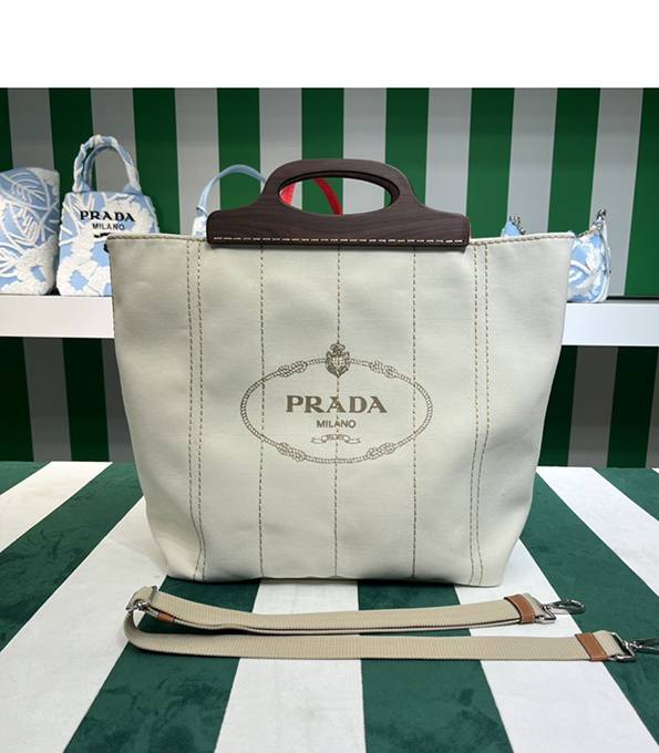 Prada White Original Nylon 39cm Tote Bag With Wooden Handle