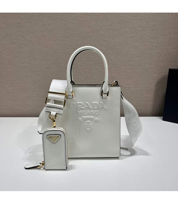Prada White Original Saffiano Cross Veins Calfskin Leather Small Tote Handbag
