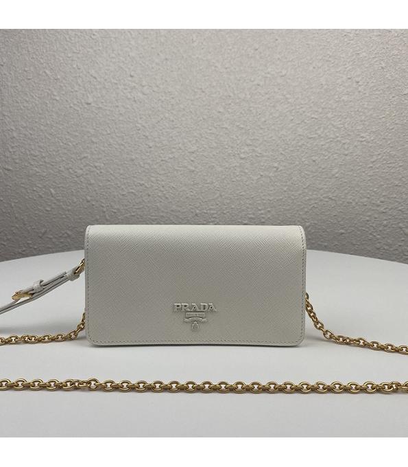Prada White Original Saffiano Cross Veins Calfskin Mini Bag Golden Chain With Checking IC Chip