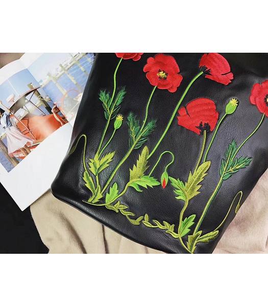 Stella McCartney Popper Black Environmental Polyester Fiber Red Flower 24cm Hobo Bag-2