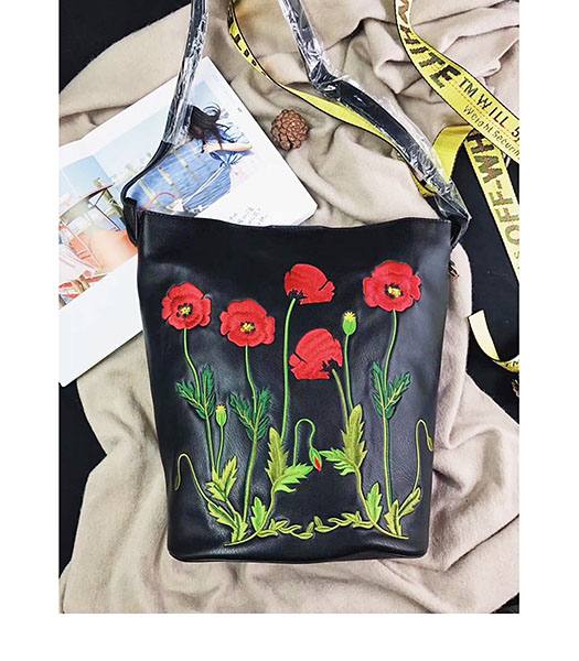 Stella McCartney Popper Black Environmental Polyester Fiber Red Flower 24cm Hobo Bag