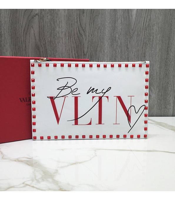 Valentino Be My VLTN White Original Calfskin Leather Clutch Red Rivet