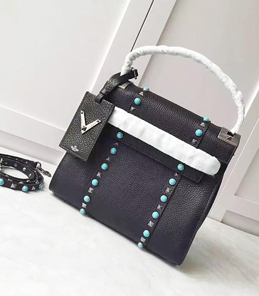 Valentino Black Litchi Veins Leather Rivets Sapphire Tote Bag