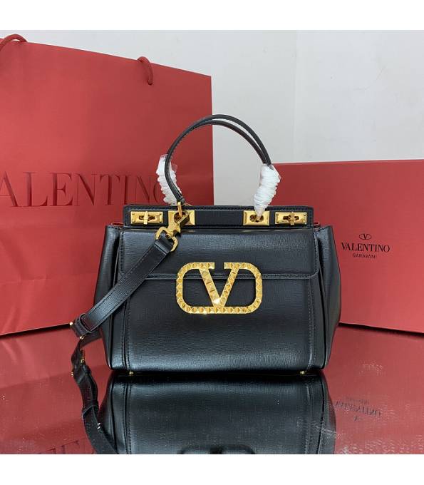 Valentino Black Original Grainy Calfskin Garavani Rockstud Medium Alcove Handbag-1