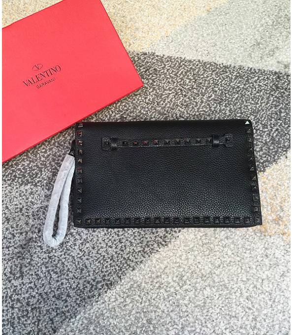 Valentino Black Original Litchi Veins Leather Black Rivet 28cm Clutch