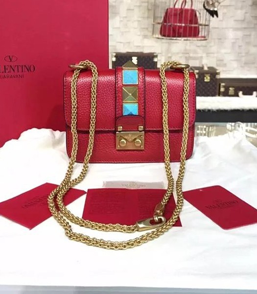 Valentino BOX 17cm Turquoise Red Calfskin Leather Shoulder Bag Golden Chain