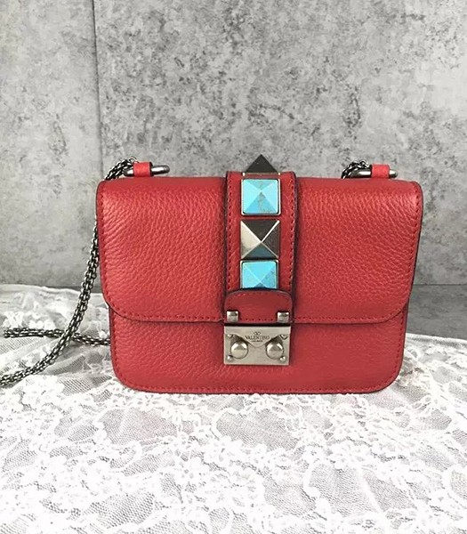 Valentino BOX 17cm Turquoise Red Calfskin Leather Shoulder Bag Silver Chain