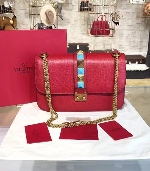 Valentino BOX Turquoise Shoulder Bag Red Calfskin Leather Golden Chain