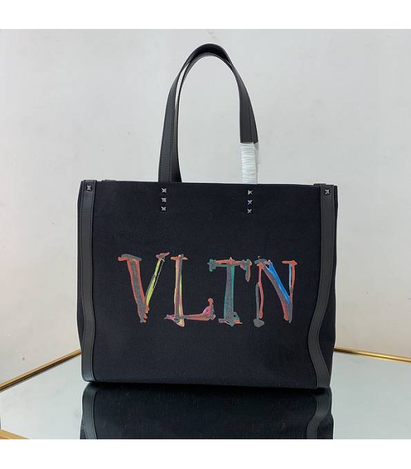 Valentino Canvas With Black Original Calfskin Leather 37cm Shopping Tote Bag