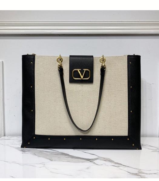 Valentino Garavani Canvas With Black Original Real Leather Shoppin Bag