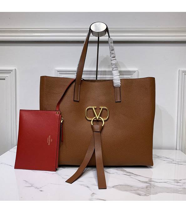 Valentino Garavani E/W Vring Brown Original Litchi Veins Leather Tote Bag