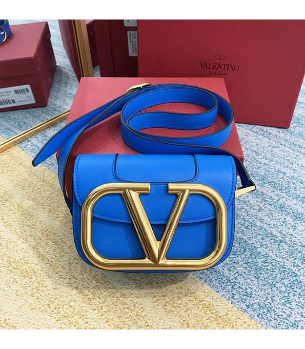 Valentino Garavani Maxi Blue Original Plain Veins Leather Golden Metal 18cm Shoulder Bag