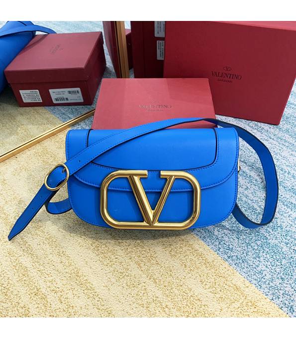 Valentino Garavani Maxi Blue Original Plain Veins Leather Golden Metal 26cm Shoulder Bag