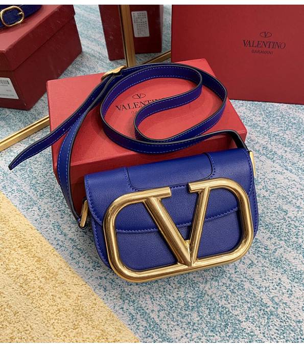 Valentino Garavani Maxi Dark Blue Original Calfskin Leather Golden Metal 18cm Shoulder Bag