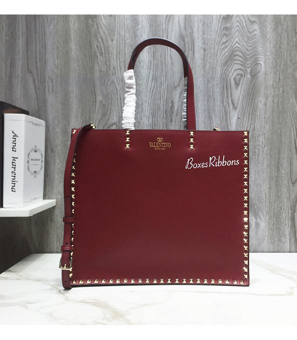 Valentino Garavani Ribbons Dark Red Original Calfskin Leather Rivet 37cm Shopping Tote Bag