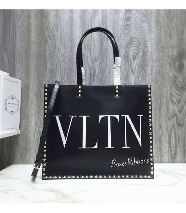 Valentino Garavani Ribbons VLTN Print Black Original Calfskin Leather Rivet 37cm Shopping Tote Bag