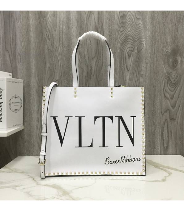 Valentino Garavani Ribbons VLTN Print White Original Calfskin Leather Rivet 37cm Shopping Tote Bag