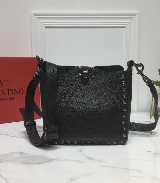 Valentino Garavani Rockstud Black Rivet Black Litchi Calfskin Leather Mini Hobo Bag